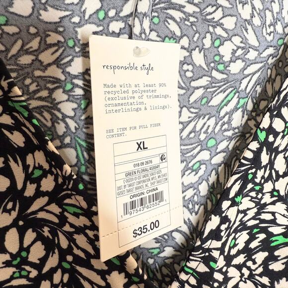 A New Day Floral Short Puff Sleeve Crepe Midi Dress Size XL Black Off-White New - Picture 8 of 9